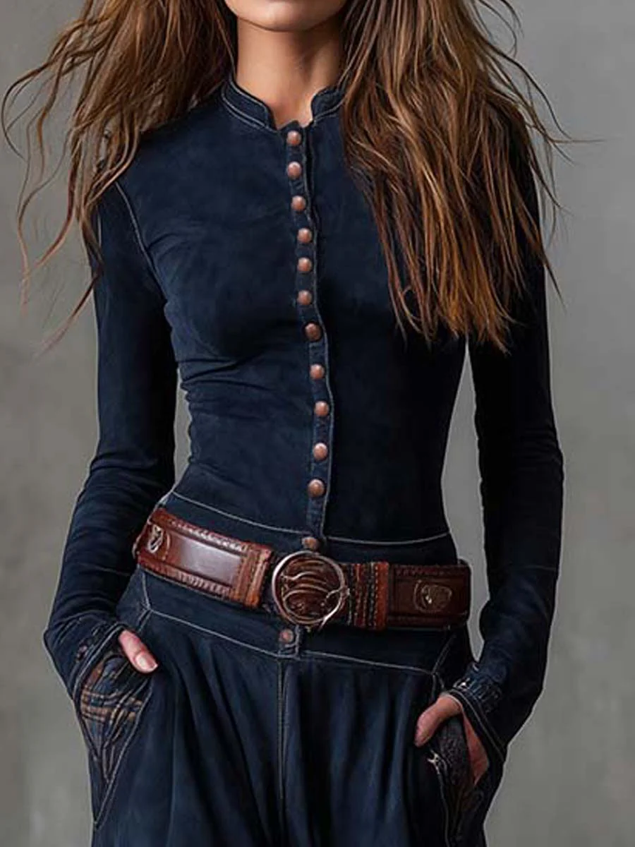 Lorena | Hosszú vintage ante ruha tengerészkék kockás mintával (övet tartalmaz)