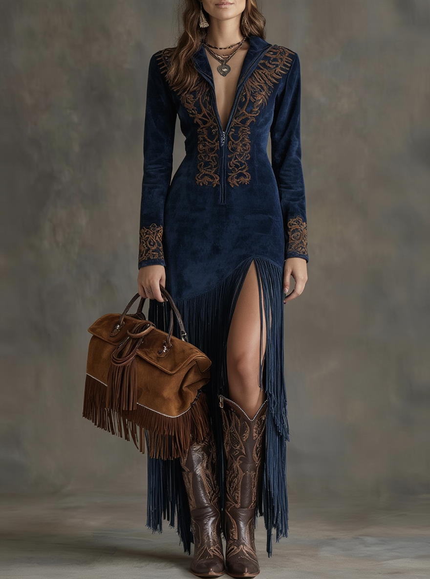 Valentina | Hosszú western stílusú ruha félig cipzárral, hímzéssel és rojttal